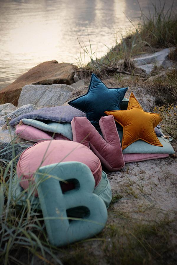 Velvet Letter Cushion B in mint with other products by Bettys Home like pouf and star cushion. Baby shower decorations ideas.