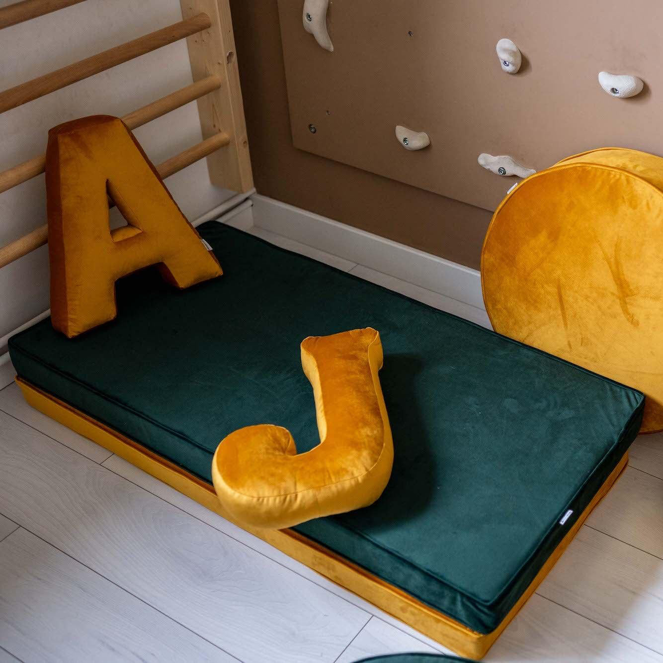 children room with fitness corner where is velvet mattress by bettys home large velvet pouf and velvet letter cushion M