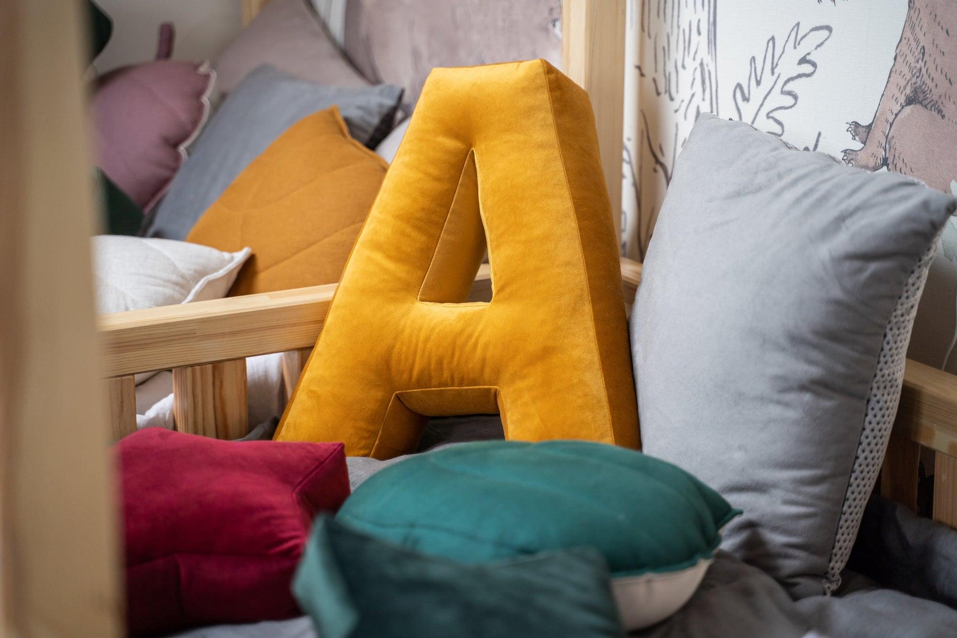 velvet letter cushion a in yellow baby bettys home on kids bed as decoration 