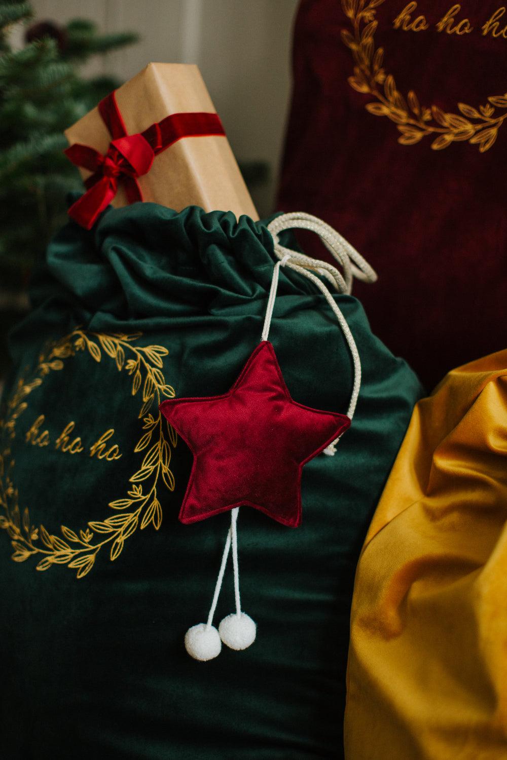 velvet little star pendants wine red by bettys home on christmas sack in green with the embroidered inscription ho ho ho 