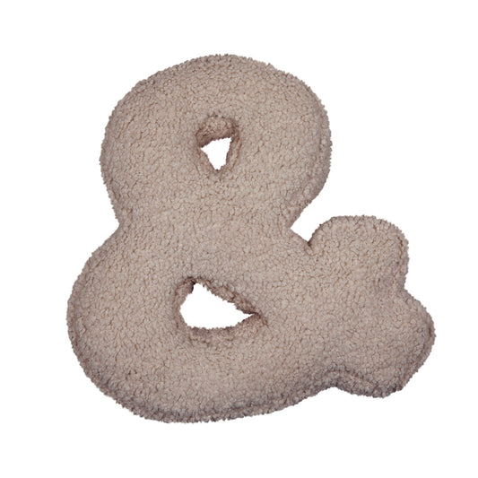 Boucle letter cushion & Mocha by Bettys Home on a white background. teddy cushion 