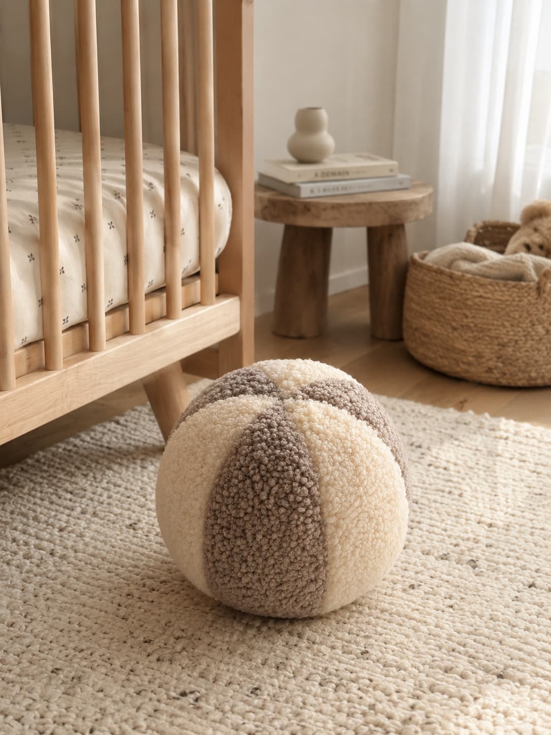 boucle ball cushion mixed colour mocha and cream by bettys home  next to kids crib