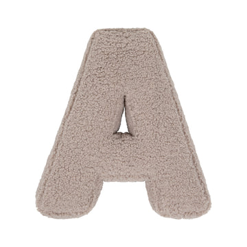 Boucle letter cushion A Mocha by Bettys Home on a white background. teddy cushion 