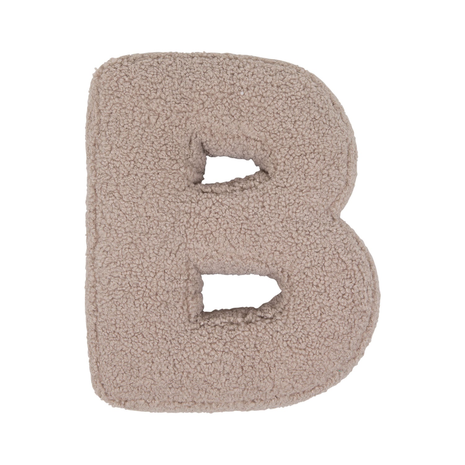 Boucle letter cushion B Mocha by Bettys Home on a white background. teddy cushion 