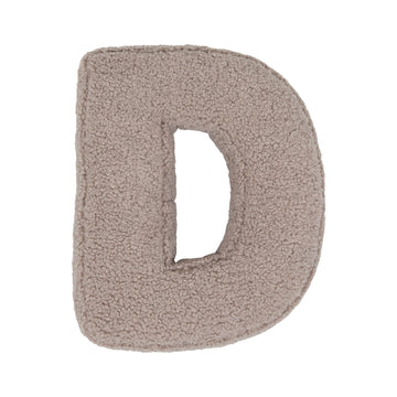 Boucle letter cushion D Mocha by Bettys Home on a white background. teddy cushion 