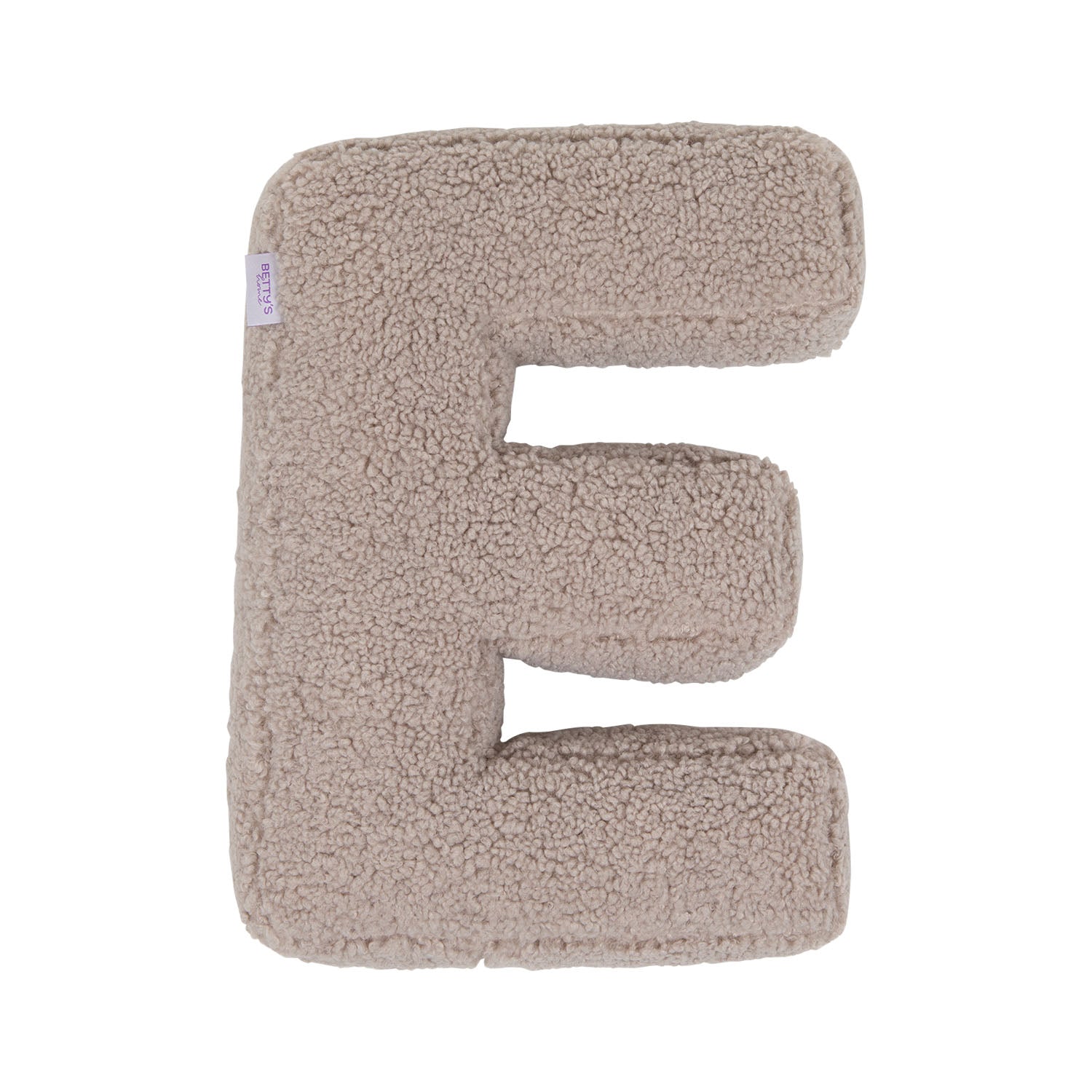 Boucle letter cushion E Mocha by Bettys Home on a white background. teddy cushion 