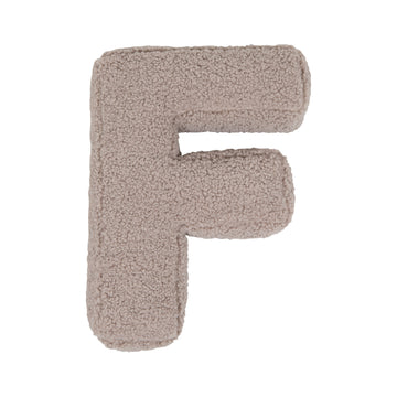 Boucle letter cushion F Mocha by Bettys Home on a white background. teddy cushion 