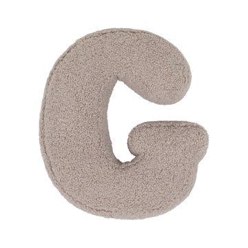 Boucle letter cushion G Mocha by Bettys Home on a white background. teddy cushion 