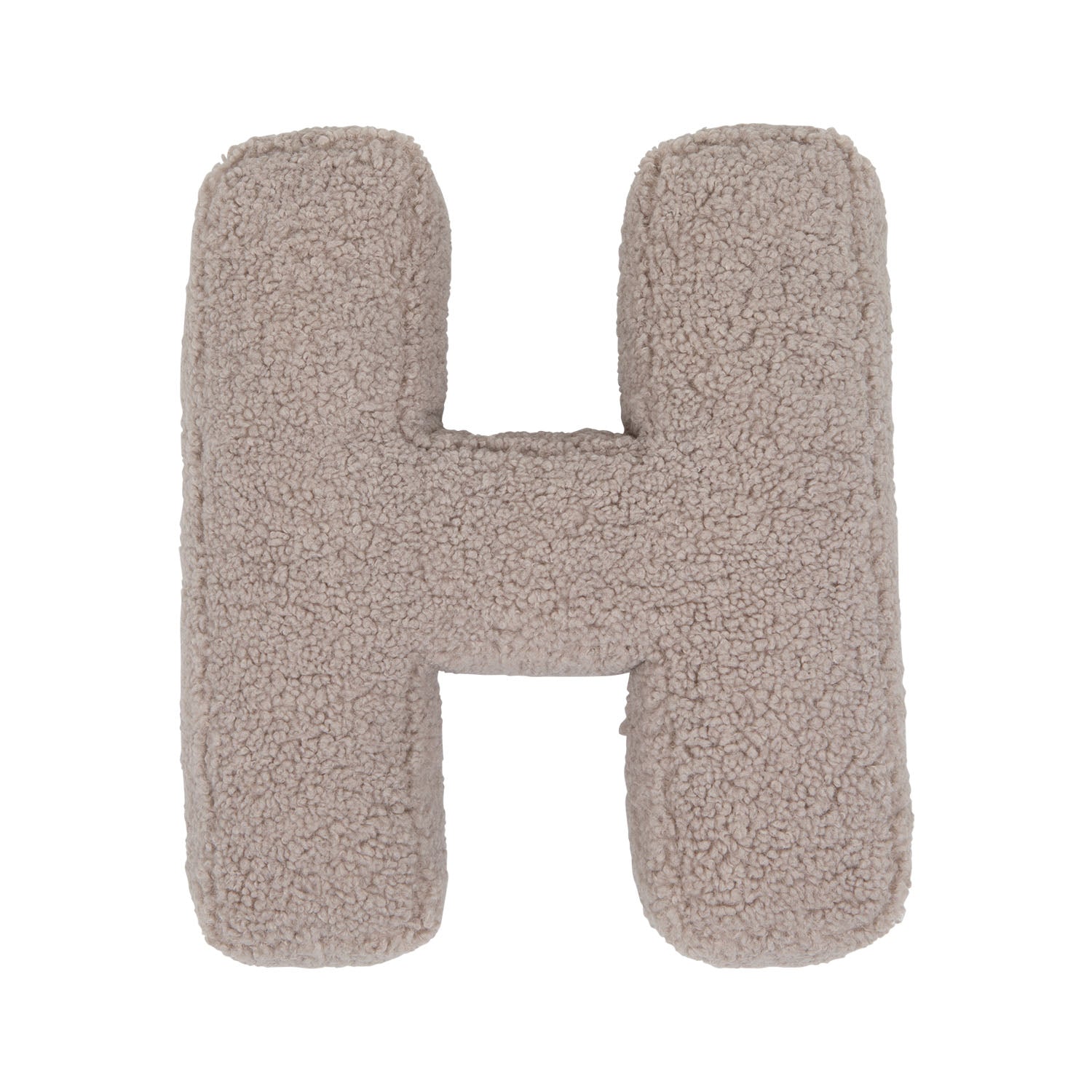 Boucle letter cushion H Mocha by Bettys Home on a white background. teddy cushion 