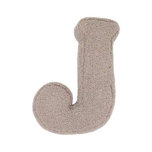 Boucle letter cushion J Mocha by Bettys Home on a white background. teddy cushion 