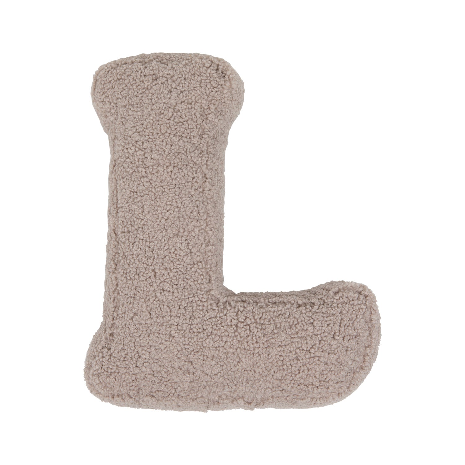 Boucle letter cushion L Mocha by Bettys Home on a white background. teddy cushion 