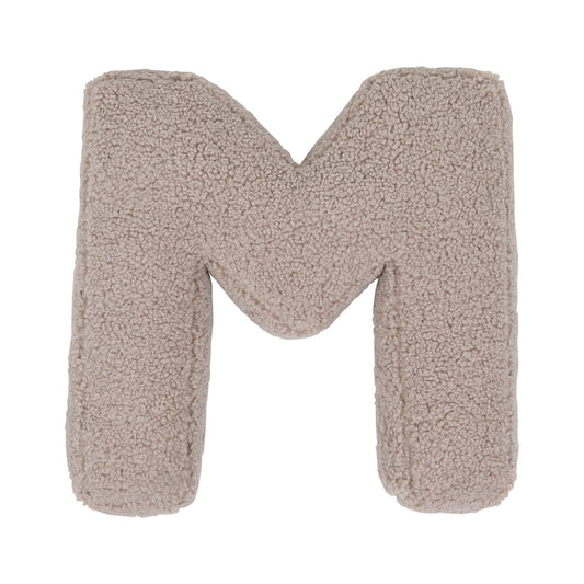 Boucle letter cushion M Mocha by Bettys Home on a white background. teddy cushion 