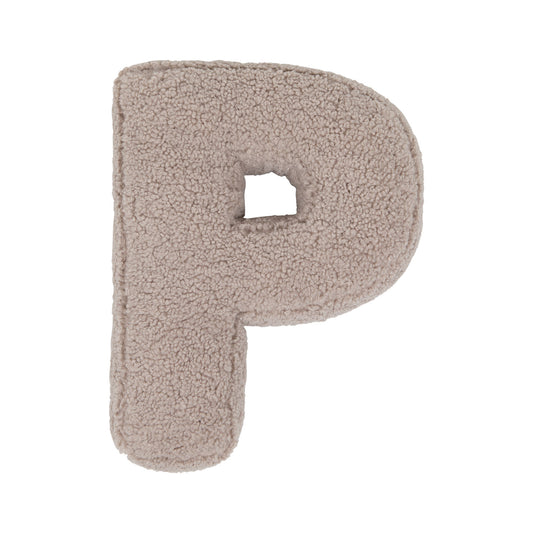 Boucle letter cushion P Mocha by Bettys Home on a white background. teddy cushion 