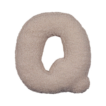 Boucle letter cushion Q Mocha by Bettys Home on a white background. teddy cushion 