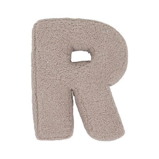 Boucle letter cushion R Mocha by Bettys Home on a white background. teddy cushion 