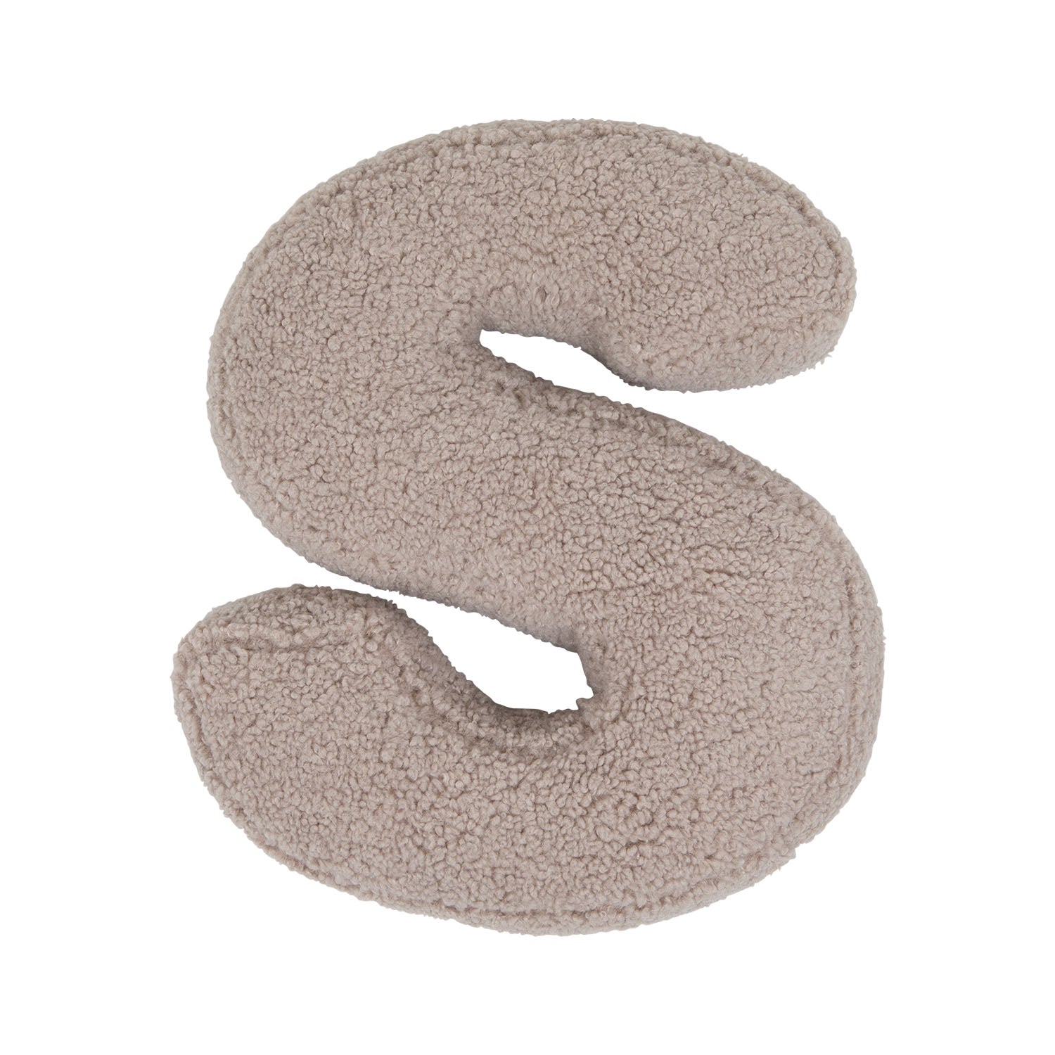 Boucle letter cushion S Mocha by Bettys Home on a white background. teddy cushion 