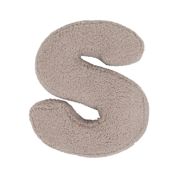 Boucle letter cushion S Mocha by Bettys Home on a white background. teddy cushion 