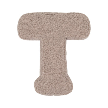 Boucle letter cushion T Mocha by Bettys Home on a white background. teddy cushion 