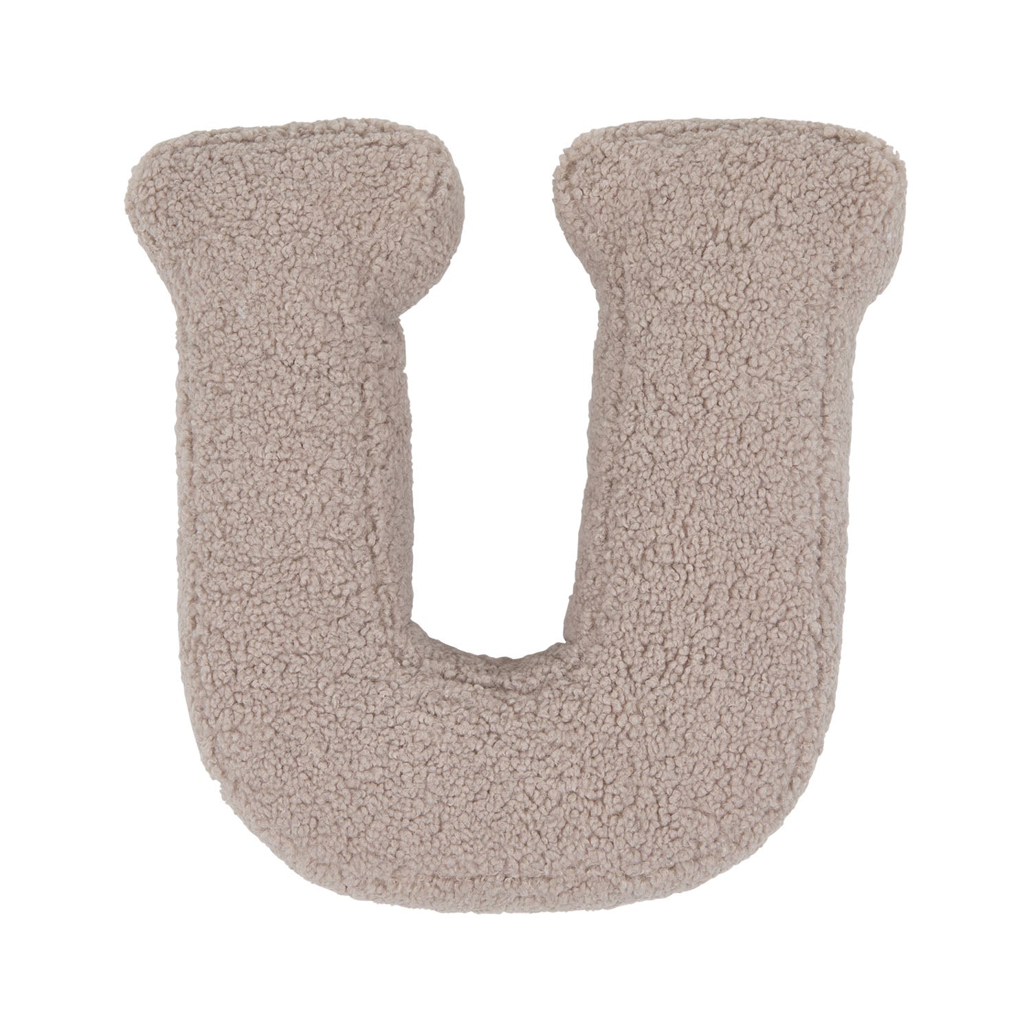 Boucle letter cushion U Mocha by Bettys Home on a white background. teddy cushion 