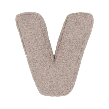 Boucle letter cushion V Mocha by Bettys Home on a white background. teddy cushion 