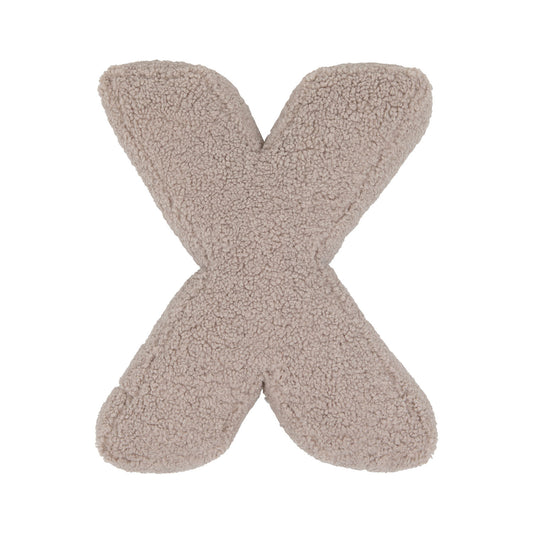 Boucle letter cushion X Mocha by Bettys Home on a white background. teddy cushion 