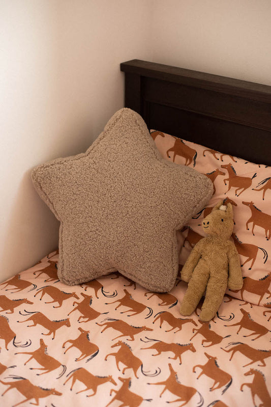 boucle star cushion mocha on kids bed by bettys home. teddy star pillow