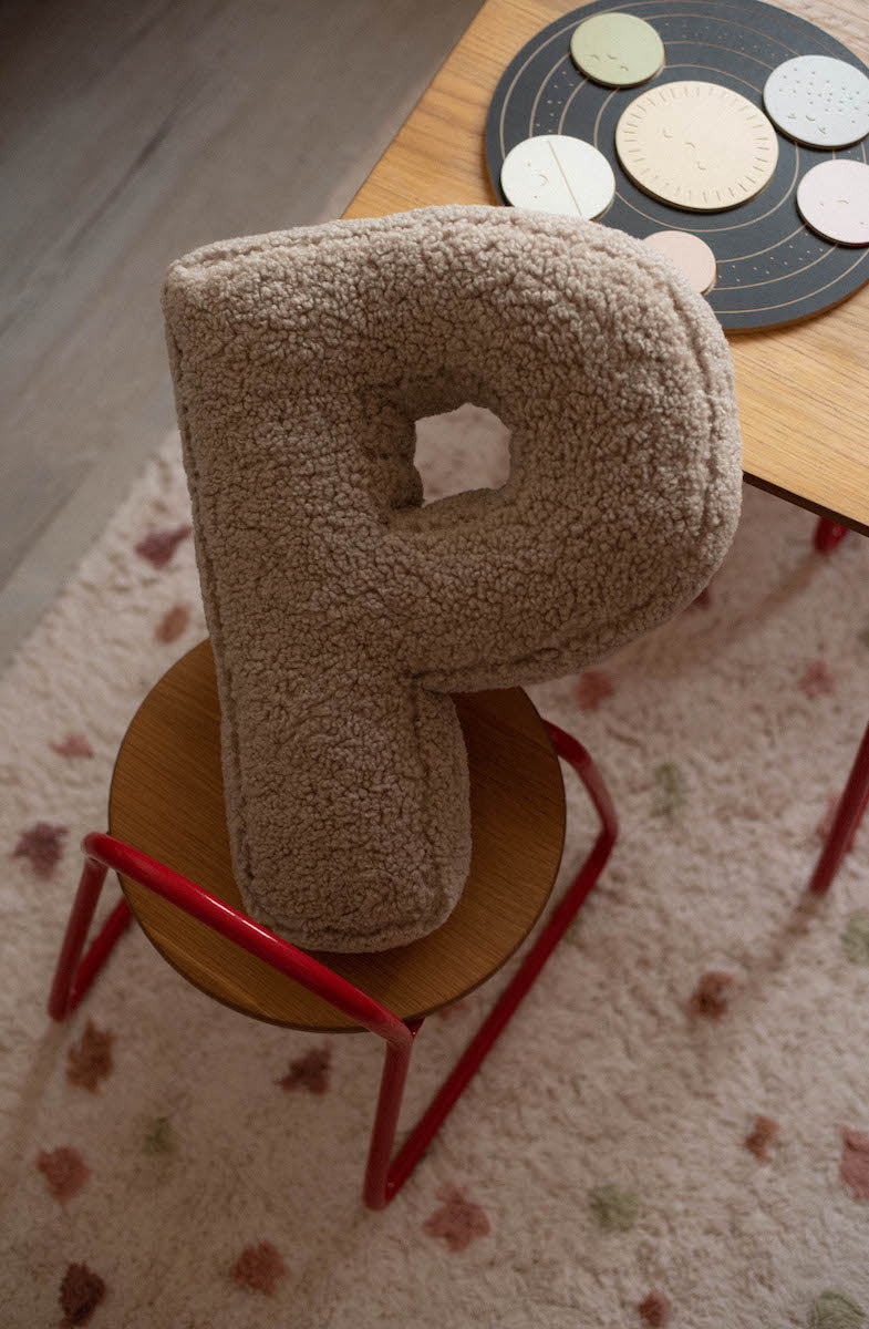 boucle letter cushion p mocha by bettys home on kids chair