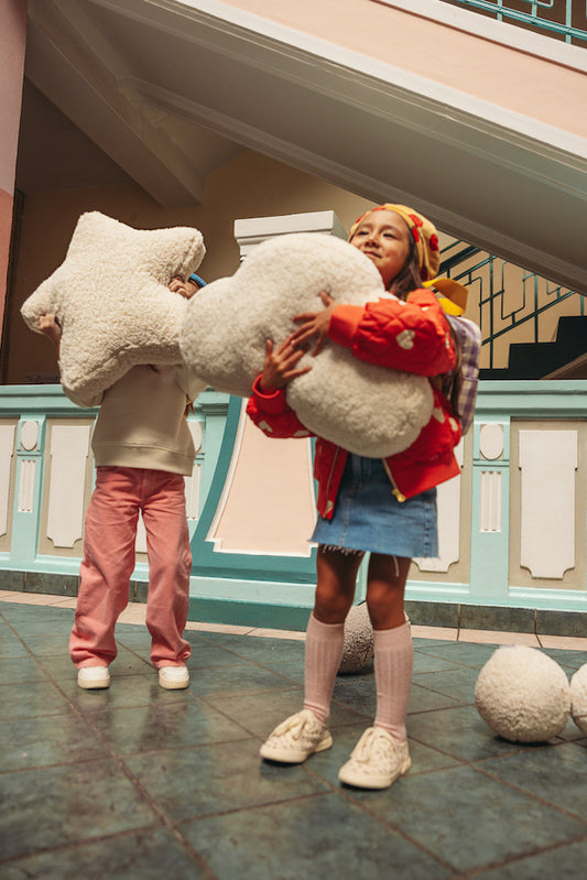 girls in school with boucle star cushion and boucle cloud cushion by bettys home. Teddy pillow 