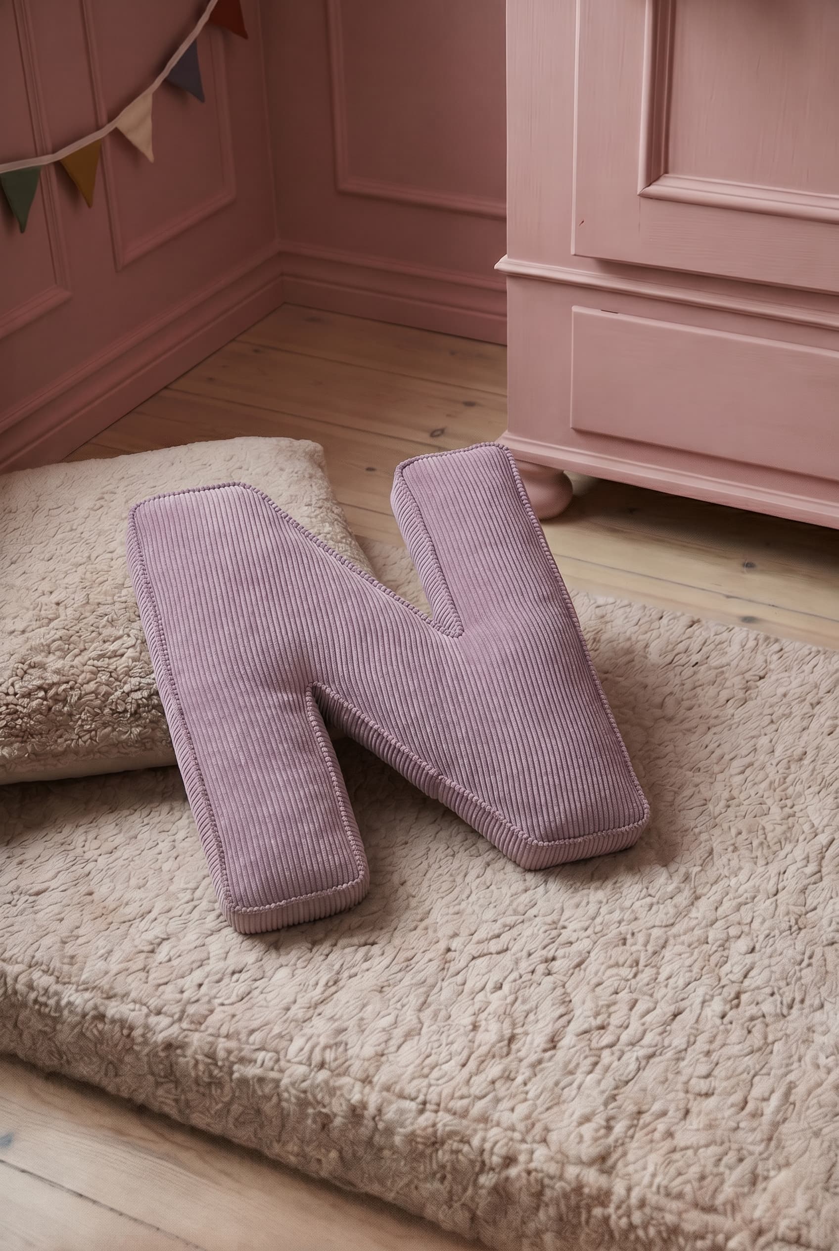 corduroy letter cushion N by bettys home in kids room on boucle mattress. Cushion in shape of letter