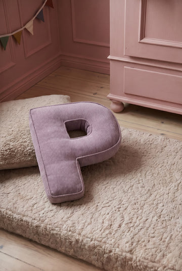 corduroy letter cushion P by bettys home in kids room on boucle mattress. Cushion in shape of letter
