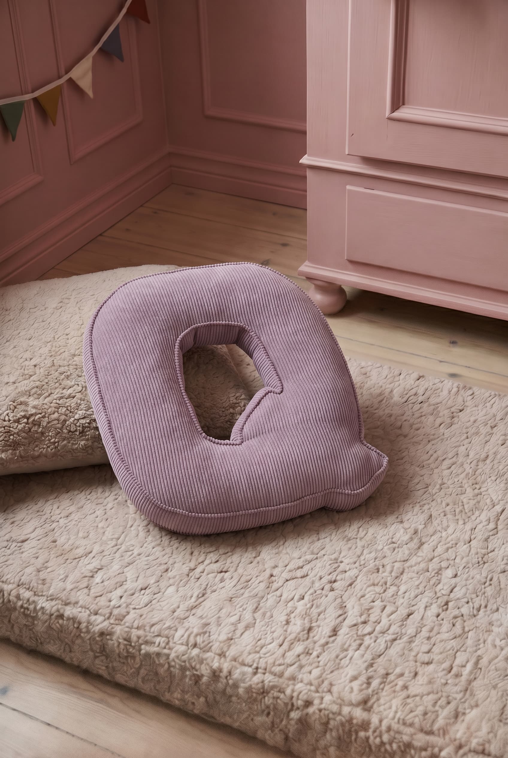corduroy letter cushion Q by bettys home in kids room on boucle mattress. Cushion in shape of letter