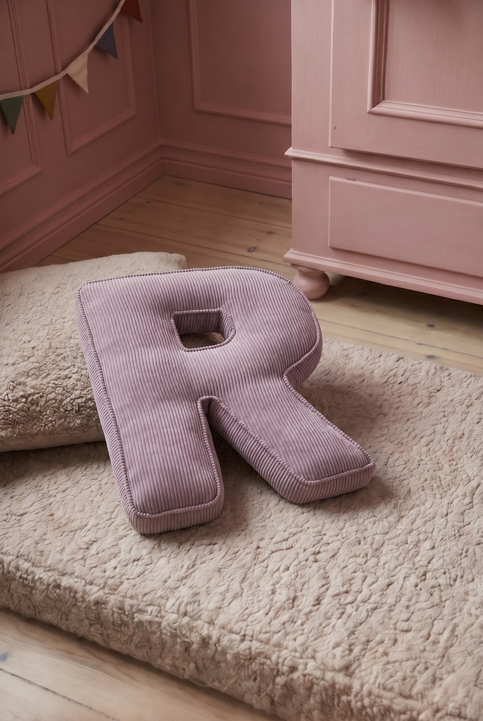 corduroy letter cushion R by bettys home in kids room on boucle mattress. Cushion in shape of letter