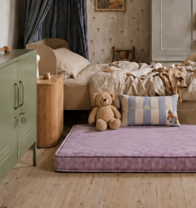 lavender corduroy mattress by Bettys home lying on floor in nice kids room 