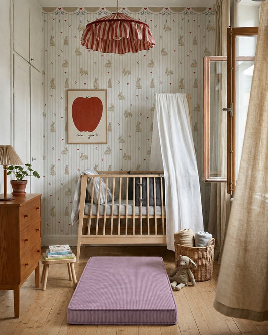 lavender corduroy mattress by Bettys home lying on floor in nice kids room in front of crib