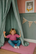 little boy sitting on corduroy mattress pink by Bettys home in kids room 