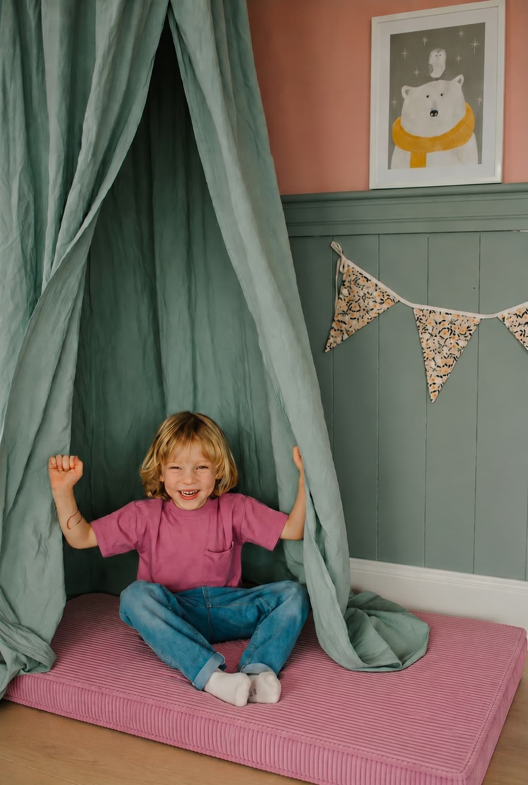 little boy sitting on corduroy mattress pink by Bettys home in kids room 