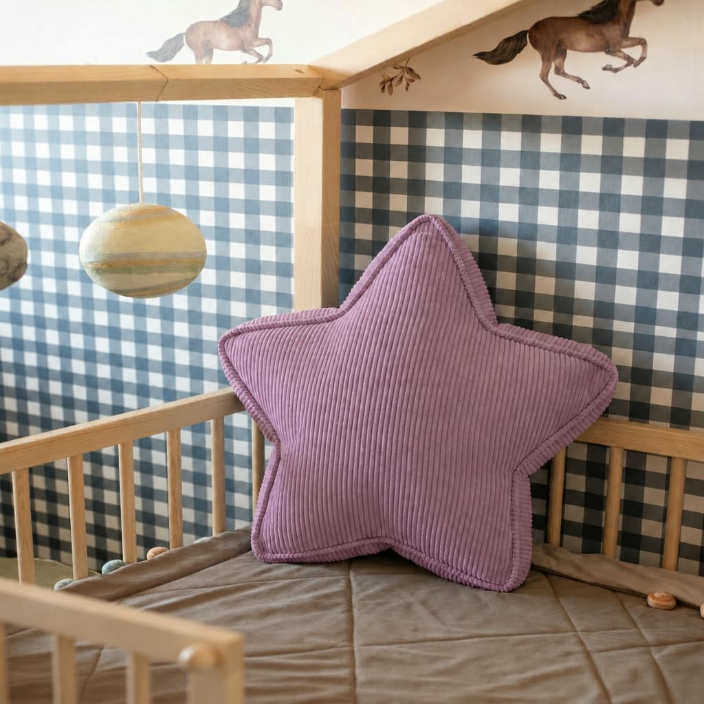Lavender corduroy star pillow in checkered nursery with horse wall mural by Bettys Home