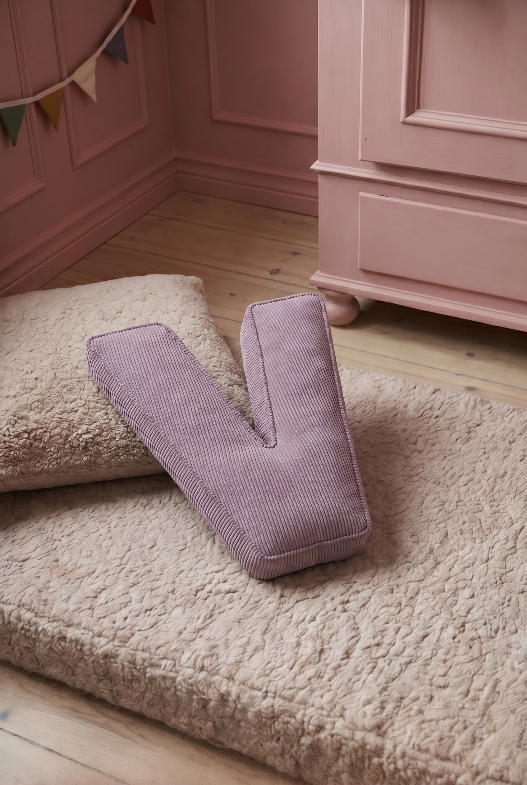 corduroy letter cushion V by bettys home in kids room on boucle mattress. Cushion in shape of letter
