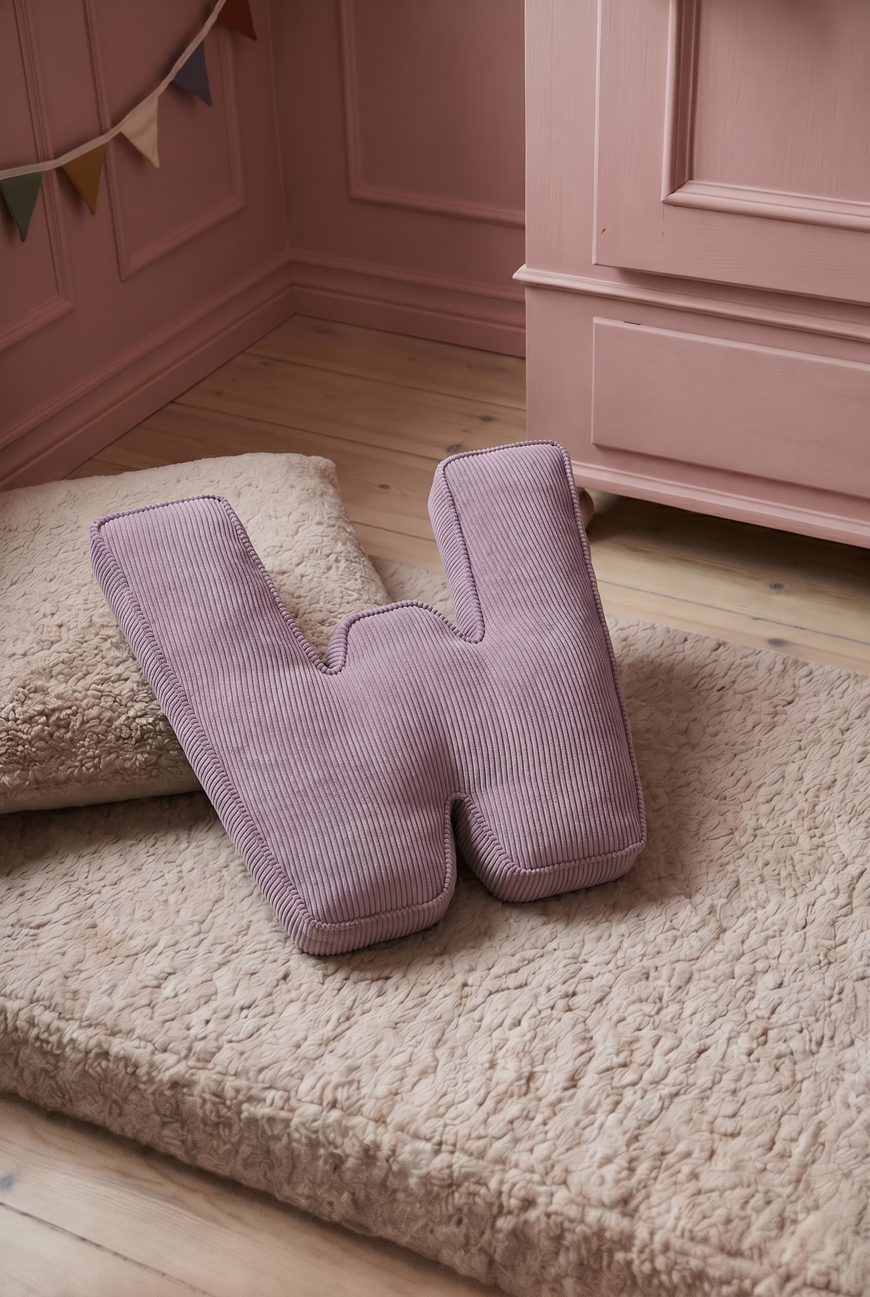 corduroy letter cushion W by bettys home in kids room on boucle mattress. Cushion in shape of letter