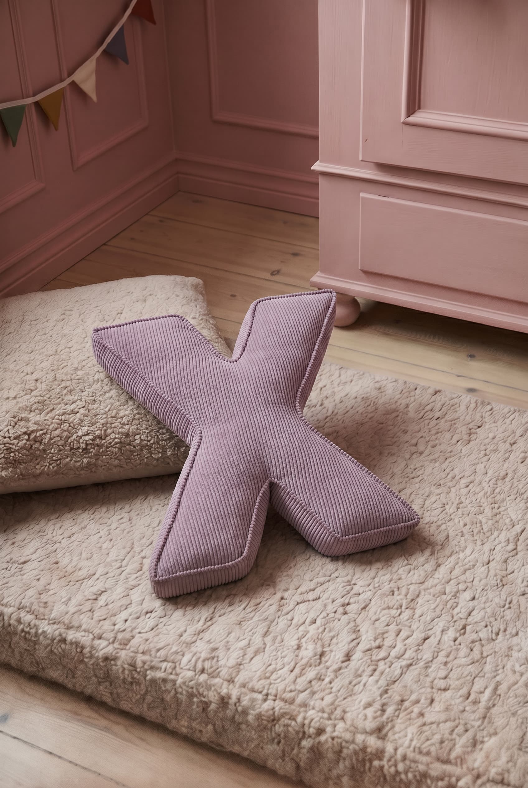 corduroy letter cushion X by bettys home in kids room on boucle mattress. Cushion in shape of letter