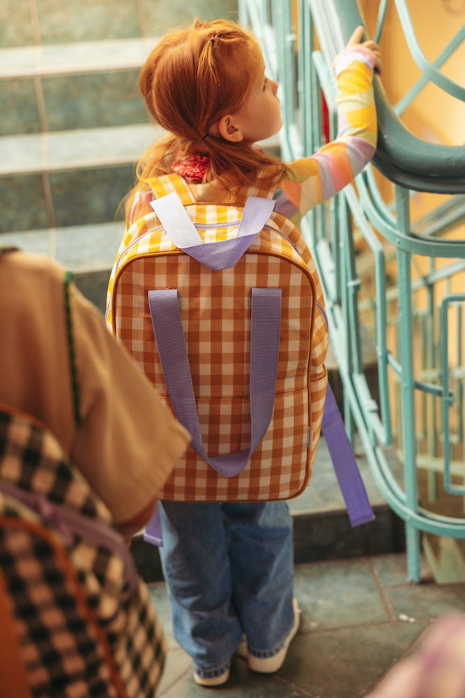 girl in school with gingham yellow backpack by bettys home. Gingham backpack yellow retro backpack