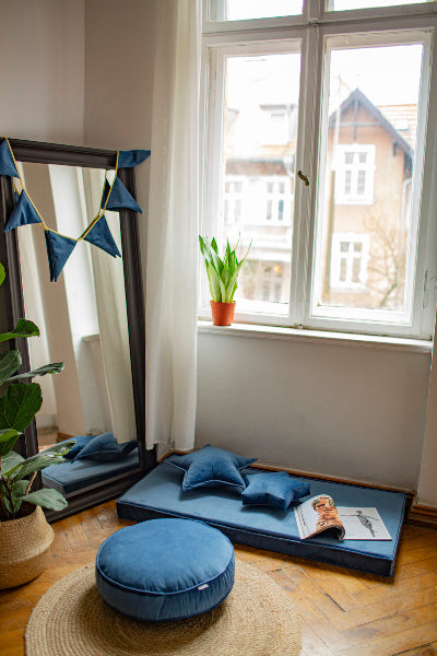 cozy blue velvet mattress for reading nook, velvet mattress kids room deco by bettys home