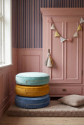 velvet floor poufs by bettys home in 3 colours - mint, yellow, blue on boucle floor mattress 