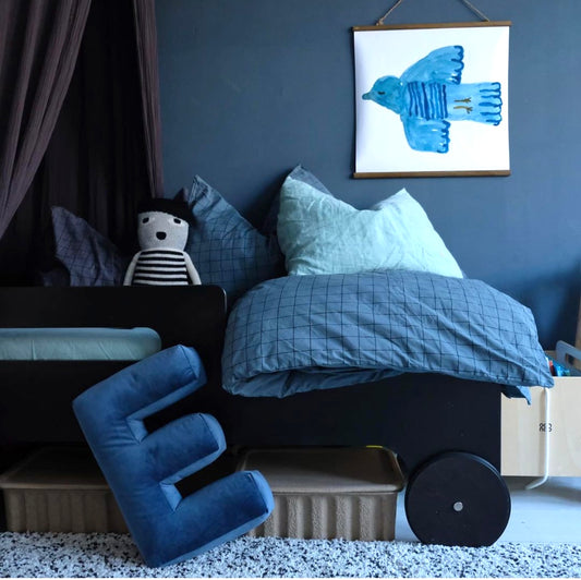 velvet letter cushion E in blue by bettys home in blue boys room 